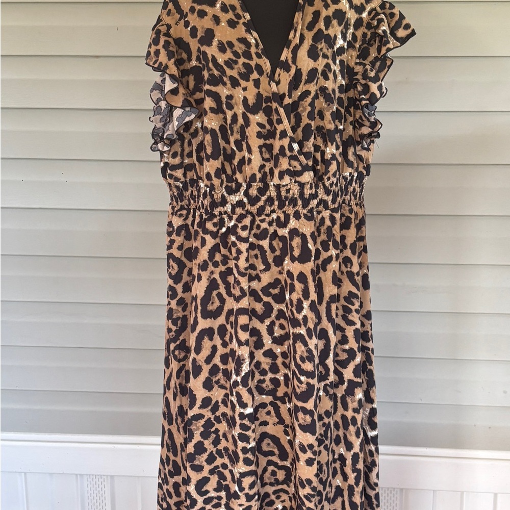 Plus size 4X leopard print ruffled caplet sleeves maxi dress